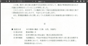 不適切な事務処理をしたとして、２０代の女性職員を停職１ヶ月の懲戒処分にした。管理監督職員４人も文書訓告や口頭厳重注意とした。  女性職員は平成２７年度、２８年度の障害者に係る各種手当の支払い事務において、申請書を事務机の中に放置するなどして事務処理を怠った。また、手当の支払いに必要な書類を偽造し、国の補助金を虚偽申請し、上司へ虚偽の報告をした。さらに、通知未送付などの未処理があり、事務を遅延、上司への報告を怠った。  未処理・支払い遅延が１８件３４５万１８７０円。申請受付後の誤処理が３件３５万１０７０円。国補助金虚偽申請が１件１５万９７２０円。その他事務未処理が４１件。