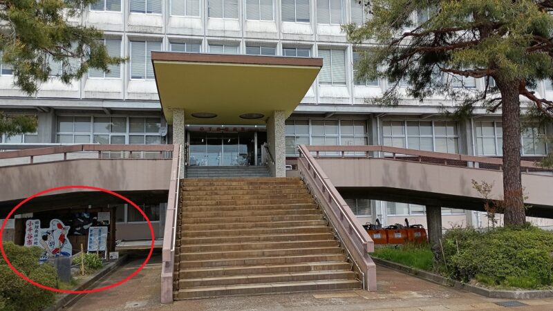 小千谷市役所正面玄関階段下左側に鯉の池がある
