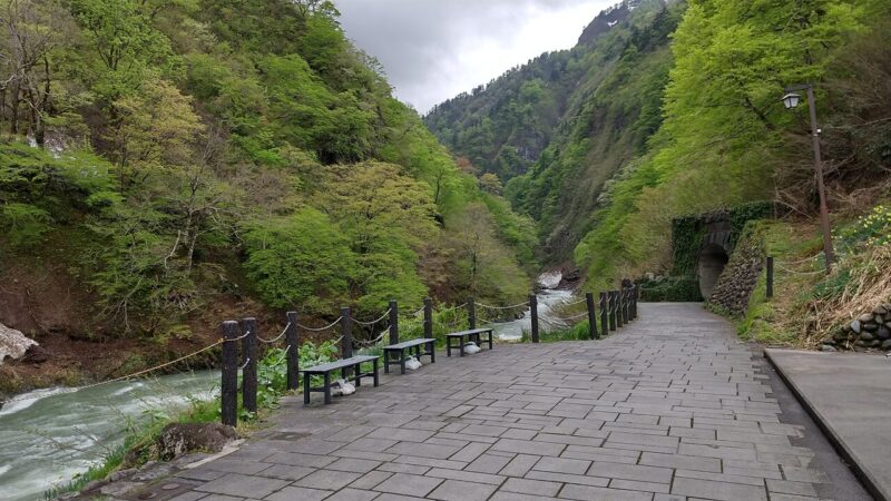 トンネル（全長 750m）の外から清津峡を見ることができるのは清津館の向かい、トンネルの前だけや近くの小道だけ-2025清津峡